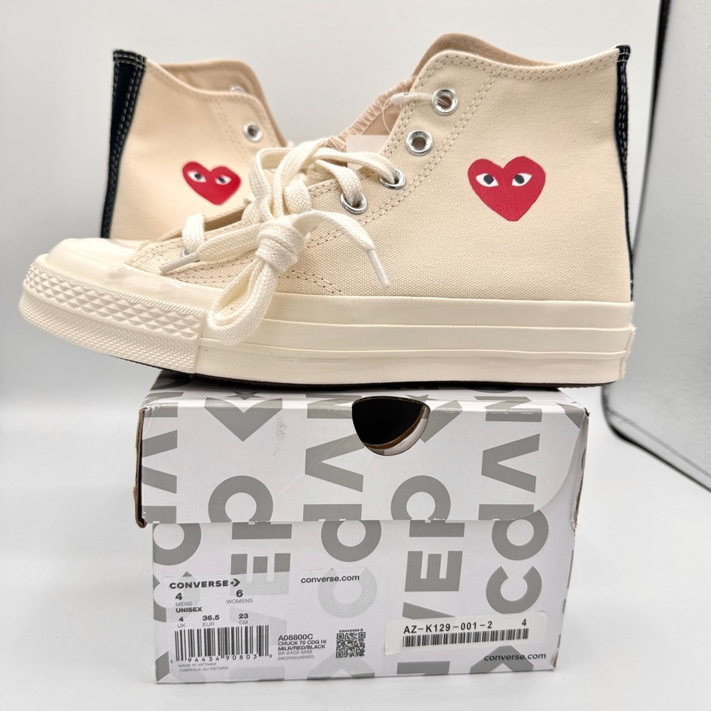 NWT Commes Des Garçons CDG Play Converse High Top Chuck 70 Heart Sneakers Cream - Picture 9 of 16